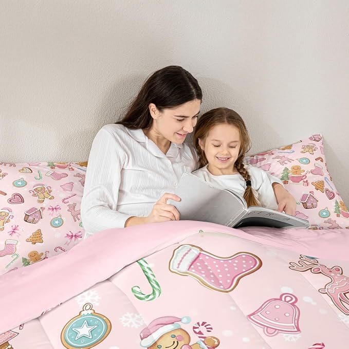 Merry Christmas Kids Comforter Set Twin Size,Gingerbread Man Elk Deer Bowknot Bedding Set Room Decor,Cute Girly Bow Tie Xmas Tree Quilt Comforter,Pink Colorful Duvet Set Bedroom Quilt Set,1 Pillowcase