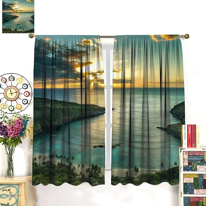 Ocean Beach Curtains,OceanMorning Sunrise Hawaiian Seaside Scene Pattern Blackout Print Home Bedroom Living Room Window Treatments 2 Panel Set 63x72 Inch