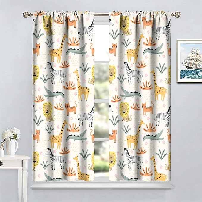 Wild Animals Curtains, Cute Cartoon Animals Zoo with Lion Zebra Crocodile Cat and Giraffe Tropical Jungle Plant Print Window Treatments for Kids Boys Girls Bedroom Living Room 72x63in