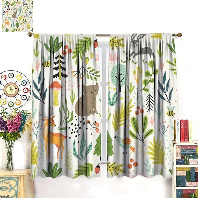 Kid Forest Animal Curtains,Woodland Animal Cartoon Watercolor Forest Hedgehog Fox Toddler Boys Girls Bedroom Living Room Window Drapes 42x45 Inch