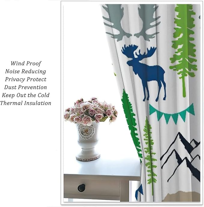 Forest Woodland Curtains, Wild Nature Bear Moose Deer Pine Trees Mountain Cabin Lodge Blackout Rod Pocket Windows Door Curtain for Bedroom Living Room Home Decor 72x63in