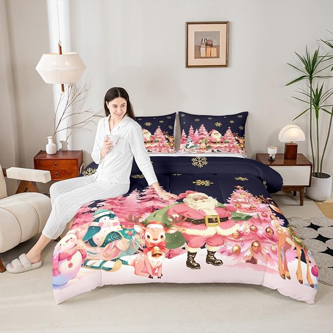 jejeloiu Merry Christmas Comforter Set Queen Size Santa Claus Bedding Set for Kids Boys Girls Cute Deer Duvet Quilt Dark Blue Bedroom Decor