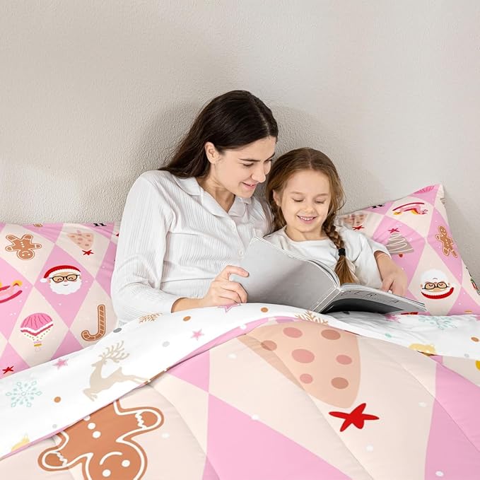 Feelyou Pink Christmas Kids Comforter Set Queen Size Santa Claus Bedding Set Xmas Tree Nutcracker soldier Duvet Quilt for Kids Boys Girls Bedroom Gingerbread Man Decor Microfiber Ultra Soft Breathable