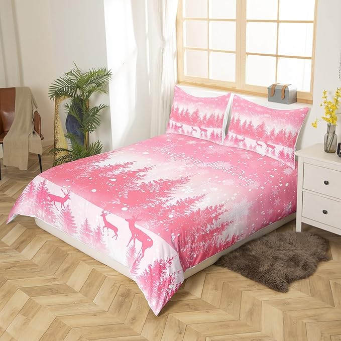 Manfei Pink Glitter Duvet Cover Set Twin Size, Xmas Trees Deers Snowflakes Print Bedding Set 2pcs for Kids Girls Teens Bedroom Decor, Christmas Theme Comforter Cover with 1 Pillowcase,No Comforter