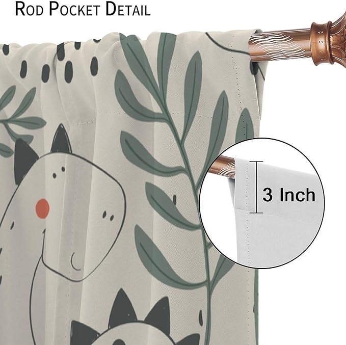 Funny Dinosaur Curtains, Jungle Cute Cartoon Animals Tropical Leaves Plant Beige Green Print Blackout Window Treatments for Kids Boys Girls Bedroom Living Room 42x63in