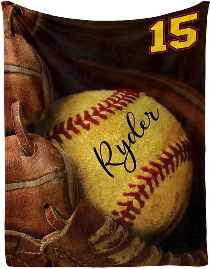 Custom Baby Softball Blanket with Name Number: Personalized Fluffy and Warm Gift for Baby Toddler Kids and Adults Birthday Skin-Friendly Flannel Fabric(50"x60")
