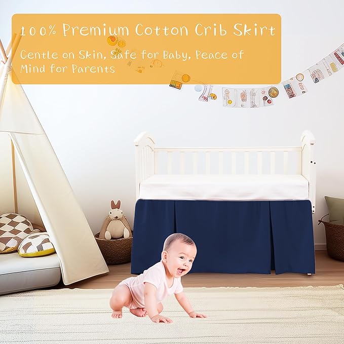 Crib Bed Skirt Dust Ruffle 100% Cotton - Natural, Soft, Breathable for Baby's Delicate Skin, Nursery Toddler Crib Bed Skirt for Baby Boys Girls, Fits Standard Cribs 28" x 52" with 14" Drop
