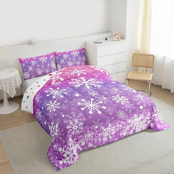 Feelyou Christmas Comforter Set All Season Pink Purple Bedding Set with 1 Pillow Cases Winter Snowflake Microfiber Kids Twin Bedclothes New Year Holiday Bedroom Decor Duvet Quilt Soft Lightweight