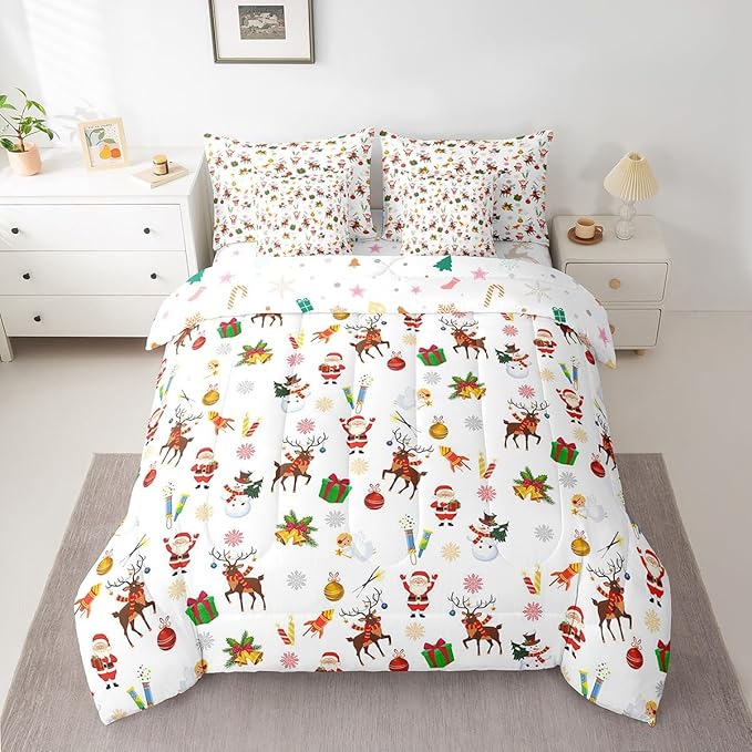 Feelyou Christmas Kids Bed Set Cute Snowman Santa Claus Bed in a Bag Boys Girls Cute Reindeer Comforter Set with Sheets Christmas Bells Cartoon Design Bedding Set Bedroom Collection King Size