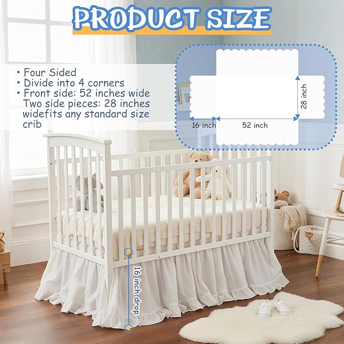 Crib Skirt Dust Ruffle 28" x 52" with 16" Drop–100% Washed Cotton Baby Bed Crib Skirt for Boys & Girls' Cribs, Durable & Fade - Resistant Nursery Bedding, Fits Standard Cribs