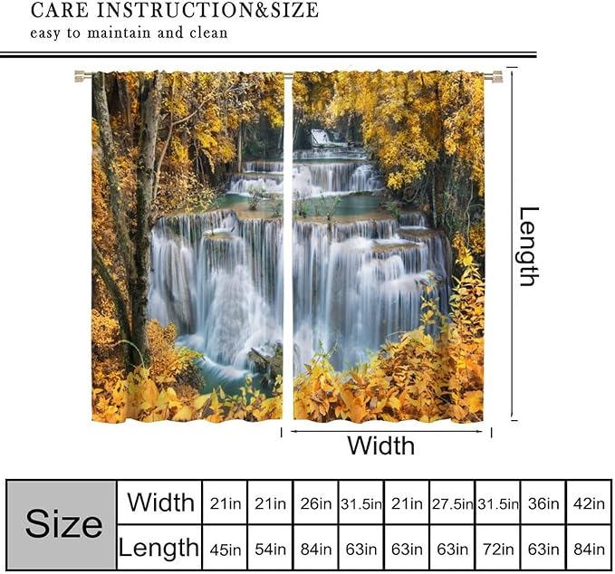 Waterfall Blackout Curtain, Autumn Season Trees Leaves Natural Landscape Window Drapes, for Bedroom Living Room 42" W X 54" L