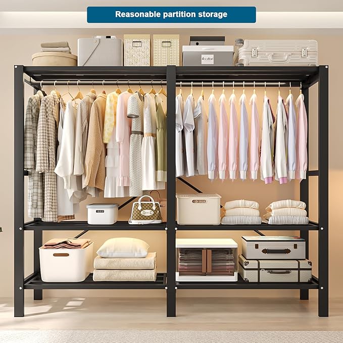 FPIGSHS Heavy Duty Clothes Rack with Cover Foldable Covered Clothes Rack for Hanging Clothes portable Wardrobe Closet System Freestanding Coat Storage Garment Racks for bedroom (grey, 59in)