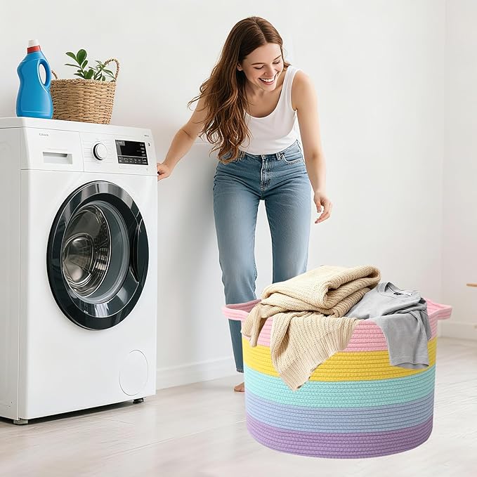 Large Blanket Basket for Organizing,115L Closet Organizers and Storage Bins Box for Shelves Woven Rope Storage Baskets,Living Room,Bedroom,Dorm,Laundry room (Colorful)