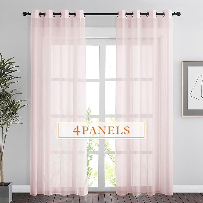 RYB HOME Voile Curtains for Living Room, Breathable Airy Lightweight Grommet Window Panels, Light Filtering Curtains for Living Room, Kids' Room, Peach Blush, 54" W x 84" L, Set of 4 Panels