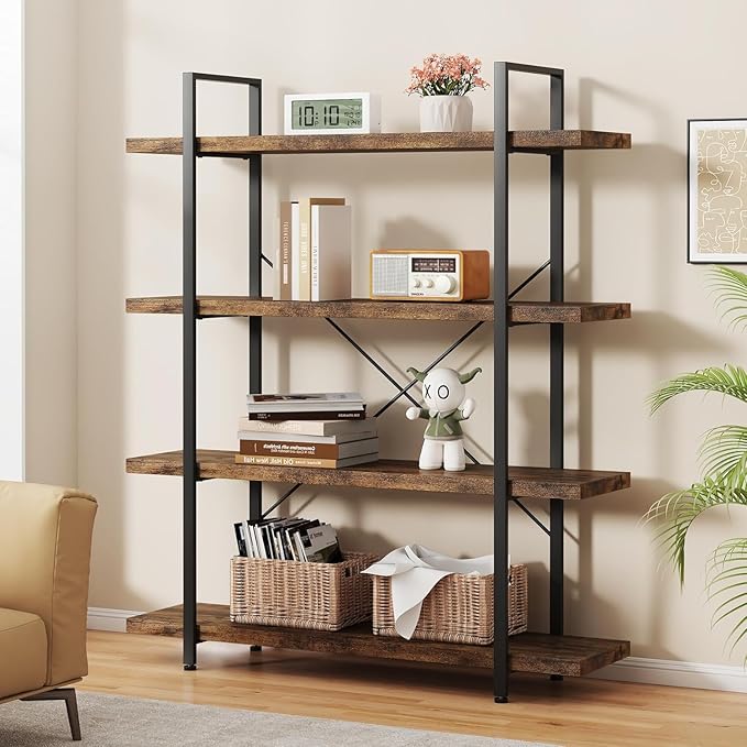 4 Tier Bookcase, 47 Inch Wide Wood Bookshelf, 120lbs Shelf Capacity, Rustic Open Shelving Industrial Display with Reinforced Horizontal Brown Shelves for Living Room Bedroom Office 2 Set