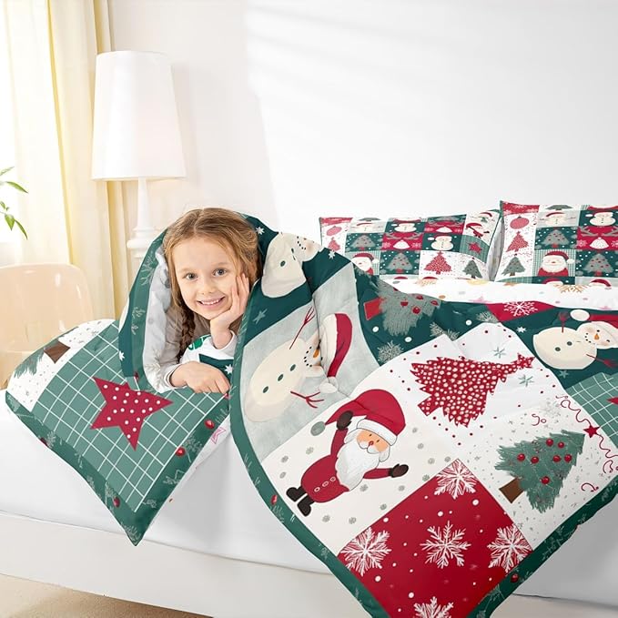 Feelyou Merry Christmas Comforter Set All Season Xmas Tree Snowman Bedding Set with 1 Pillow Cases Santa Claus Microfiber Kids Toddler Bedclothes Patchwork Bedroom Decor Duvet Quilt Breathable Soft