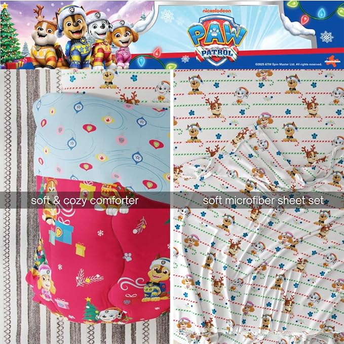 PAW Patrol Holiday & Christmas Kids Bedding Soft Comforter and Sheet Set with Sham, 5 Piece Twin Size, (Officially Licensed Product) by Franco