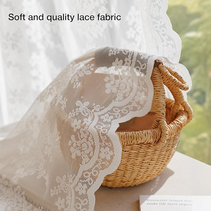 Anmao Vintage White Lace Curtains 102 Inches Long 2 Panels, Romantic Elegant Light Filtering Semi Sheer Floral Thick Lacy Curtain Drapes for Living Room and Bedroom, Each Panel 55W x 102L, Off White