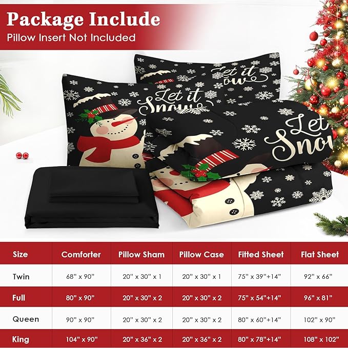 5 Pcs Twin Size Christmas Comforter Set with Pillowcase & Sham, Black Cartoon Snowman Bedding for Kids and Adults, Retro Snow Scene Bed in a Bag with Flat Fitted Sheet