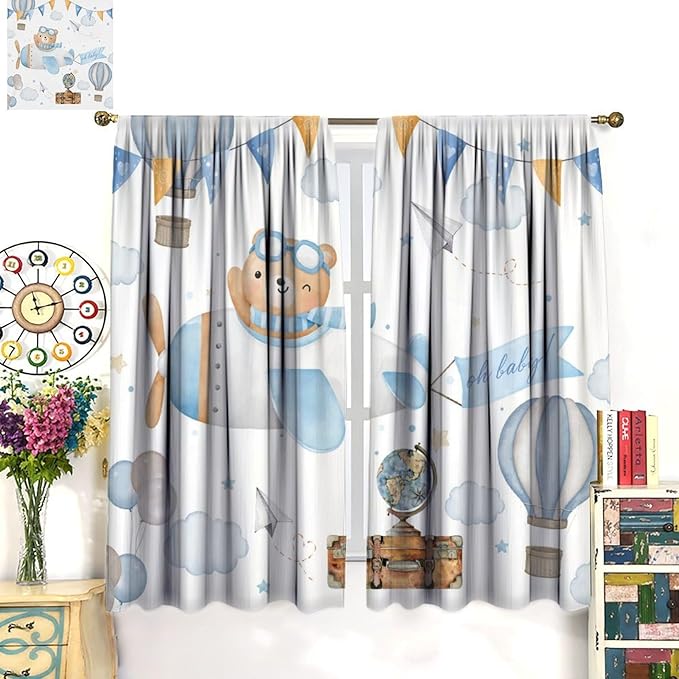 Blue Bear Curtains, Cute Lovely Bear Adventure Airplane Cloud Pastel Blackout Window Treatments, Rod Pocket Thermal Insulated Drapes 2 Panel Sets for Kids Bedroom Nursery Classroom, 42"W X 54"L