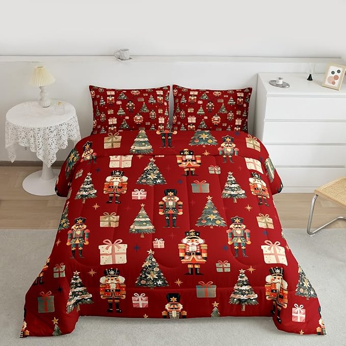 jejeloiu Xmas Nutcracker Comforter Set Twin Size Christmas Red Bedding Set for Kids Boys Girls Cute Snowflakes Duvet Quilt Bedroom Decor