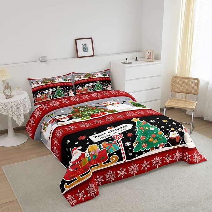 Erosebridal Christmas Tree Decor Quilts Cartoon Snowman Comforter Set for Teens Kids Boys Xmas Deer Elk Santa Claus Bedding Set for New Year Snowflake Red and Black Duvet Insert King Size