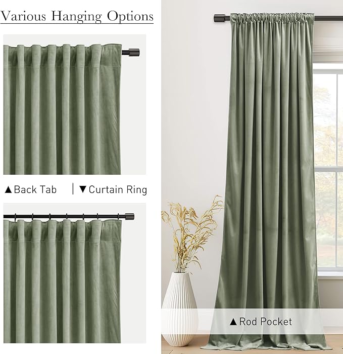 StangH Velvet Curtains 96 inches Long for Living Room - Sage Green Refreshing Vibe for Spring Summer Back Tab Thermal Insulated Drapes for Bedroom/Study Room, W52 x L96, 2 Panels