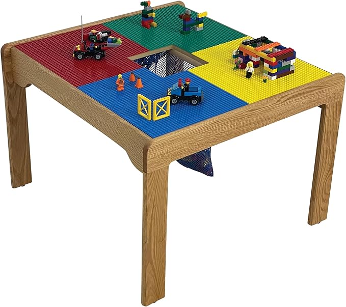 Fun Builder® #1 Rated American-Made 4 Color Lego® Compatible Wood Table with Built-in Storage(Patent)-NO Tools-Only 5 Minute Assembly(Patent)-Built to Last Generations!-27"x27"-Ages 5 & UP