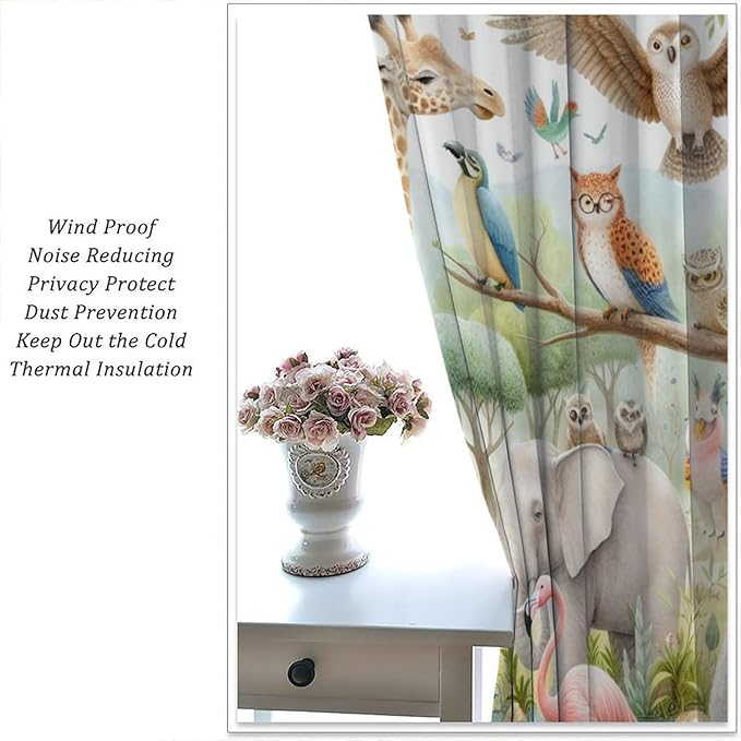 Kids Animals Curtain Cartoon Western Wildlife Flamingo Elephant Giraffe Window Treatment for Baby Children Bedroom Living Room 42" W X 54" L