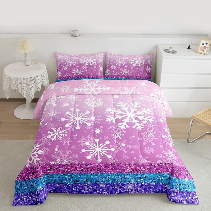 Feelyou Pink Snowflake Comforter Set Full Size Winter Snowflake Bedding Set for Kids Boys Girls Christmas Duvet Quilt Glitter Print Bedroom Decor Microfiber 3 Pcs with 2 Pillow Cases