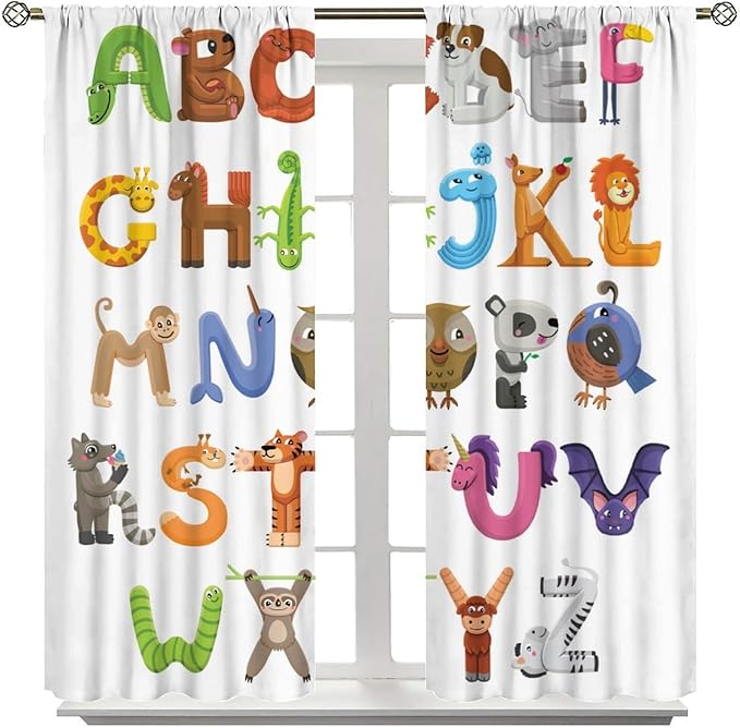 Kids Alphabet Curtains Cartoon Animal Baby Children Funny Learning Educational Curtain with Rod Pocket for Bedroom Nursery Decor Drapes Window Treatments 2 Panels Set 52x84in