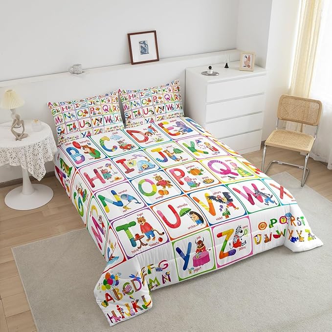 Feelyou ABC Alphabet Bedding Set King, Cartoon Zoo Animal Comforter Educational Learning Comforter Set for Kids Boys Girls Colorful Alphabet Duvet Set with 2 Pillow Case