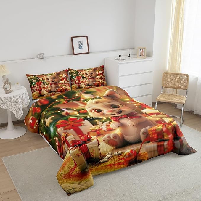 Cartoon Rabbit Comforter Set Twin Size,Merry Christmas Bedding Set for Kids Boys Girls Room Decor,Christmas Tree Star Snowflake Quilt Set 2Pcs,Cute Animal Xmas Fashion Duvet Insert,1 Pillowcase