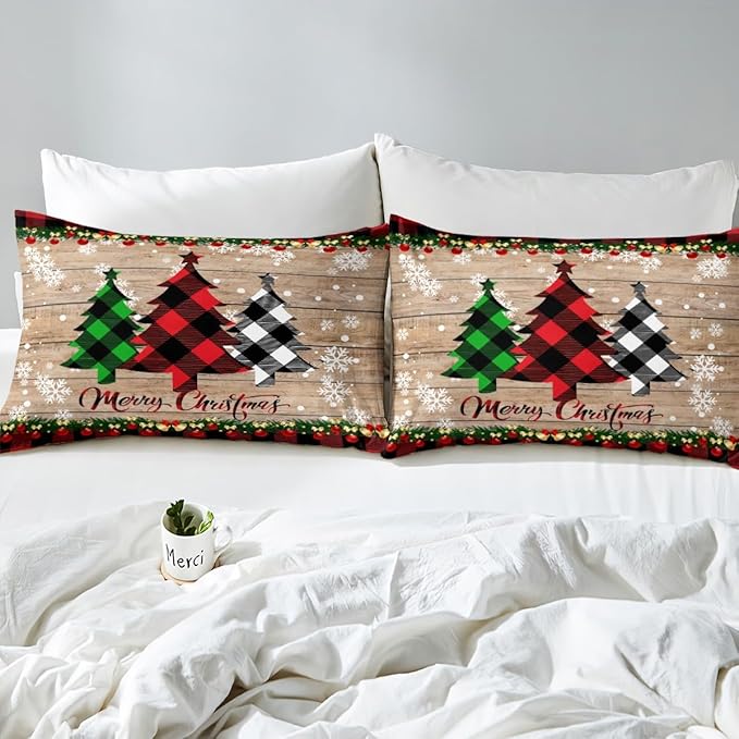 Manfei Plaid Tree Duvet Cover Set Queen Size, Wooden Stripe Print Bedding Set 3pcs for Kids Boys Girls Bedroom Decor, Christmas Theme New Year Comforter Cover with 2 Pillowcases,No Comforter
