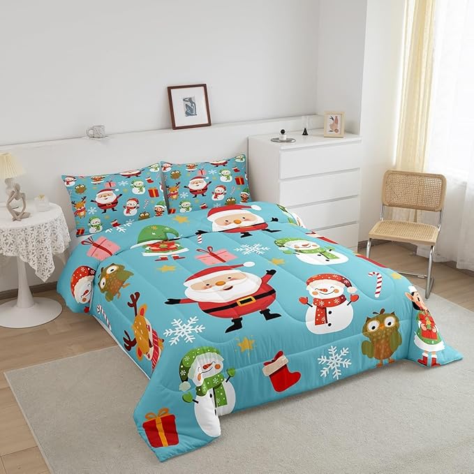 Erosebridal Merry Christmas Comforter Set Cartoon Santa Claus Quilts Queen Size Holiday Snowman Deer Elk Bedding Set Xmas Decor for Kids Boys Teens Cute Owl Animal Down Comforter,Blue
