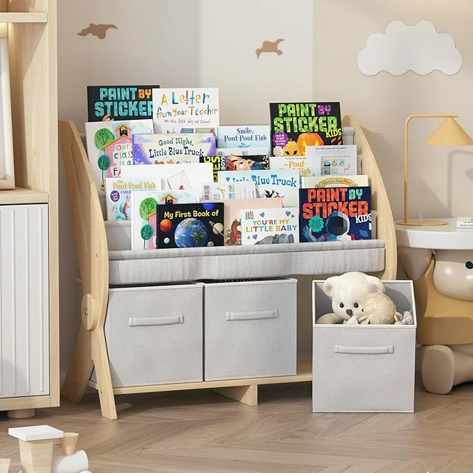Kids Bookshelf 4 Tier Toddler Book Rack Baby Bookcase with 3 Toy Storage Organizer Cube Bins Fabric Sling Children Bookshelf for Boys Girls Kids Room Nursery Palyroom Book Display Shelf Wood