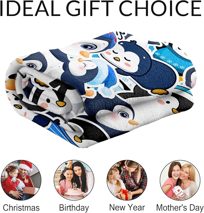 Personalized Penguin Blanket for Girls - 40" x 50" Inches Cute Penguin Blankets for Kids - Blue Warm Lightweight Throws for Sofa, Crib & Bed