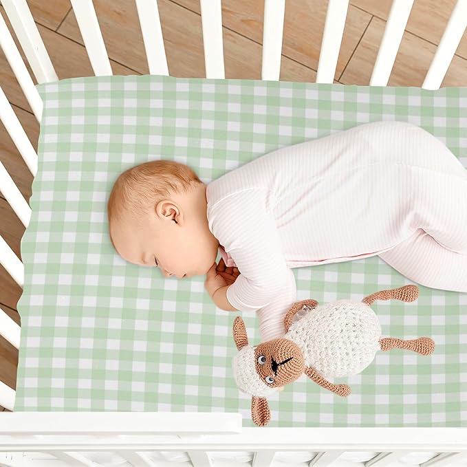 Green Gingham Checkered Crib Sheets for Boys and Girls, Fitted Baby Crib Sheet Soft Crib Mattress Sheets 52 X 28 Inches