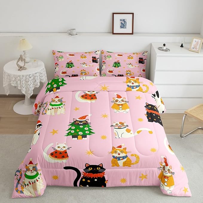 Erosebridal Christmas Decor Quilts Cute Cats Comforter Set Queen Size for Kids Boys Girls Bedroom Xmas Tree Bedding Set Cartoon Animal Down Comforter with 2 Pillow Cases