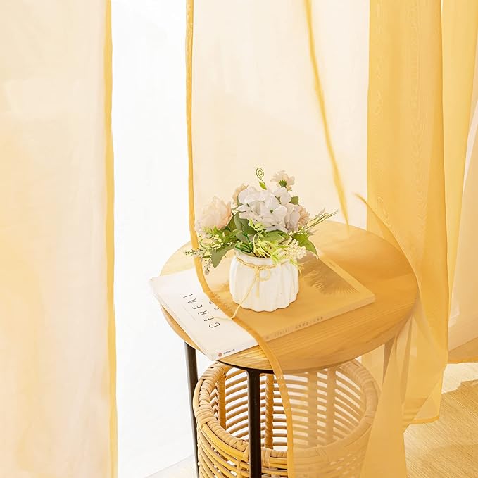 MIULEE 2 Panels Solid Color Sheer Window Curtains Elegant Window Voile Fall Panels/Drapes/Treatment for Bedroom Living Room (54X108 Inches Gold)