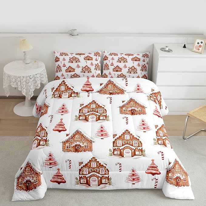 Feelyou Merry Christmas Comforter Set King Size Gingerbread House Bedding Set for Kids Boys Girls Xmas Tree Duvet Quilt Candy Cane Bedroom Decor Microfiber 3 Pcs with 2 Pillow Cases