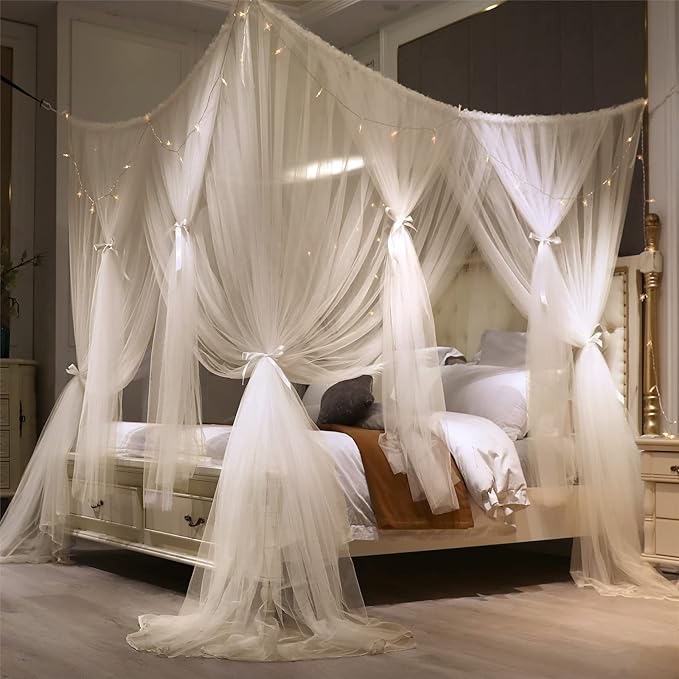 VETHIN 4 Corners Post Princess Bed Canopy Curtain Double Layer Cozy Drape Netting 4 Opening Mosquito Net for Girls & Adults Bedroom Decoration Accessories (Double White, 64" W*82" L*82"*H/(Queen))
