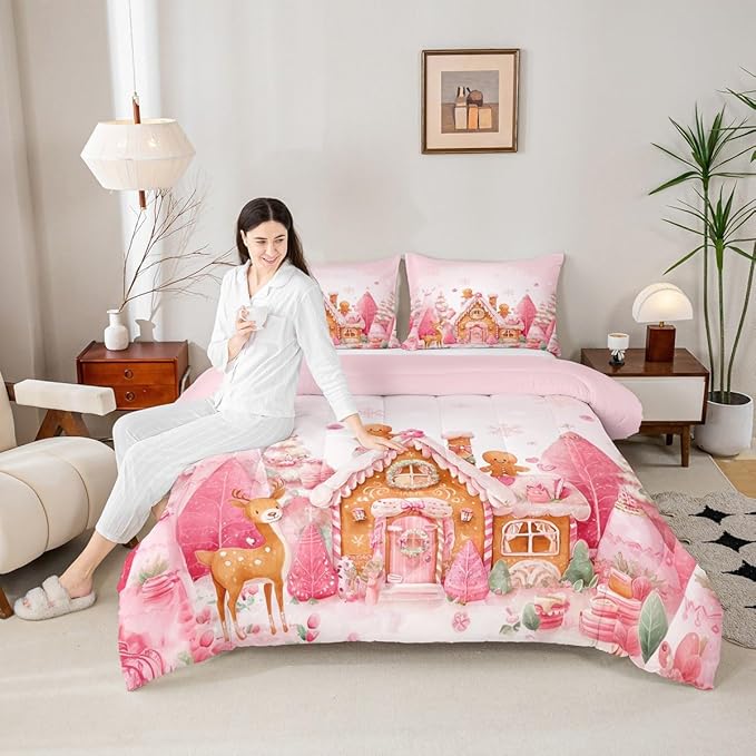 jejeloiu Kids Christmas Theme Comforter Set Full Size Cute Deer Gingerbread Man Bedding Set for Boys Girls Teens Pink Xmas Tree Candy House Snowflake Winter Duvet Quilt Room Decor