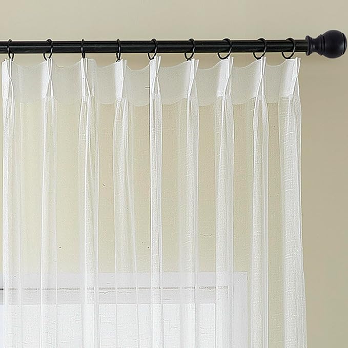 Off White Pinch Pleated Sheer Curtains 102 Inches Long 1 Panel, 50 Inch Width, Thin Textured Linen Look Sliding Glass Door Curtain, Rustic Floor to Ceiling Drapes Living Room Window Decor