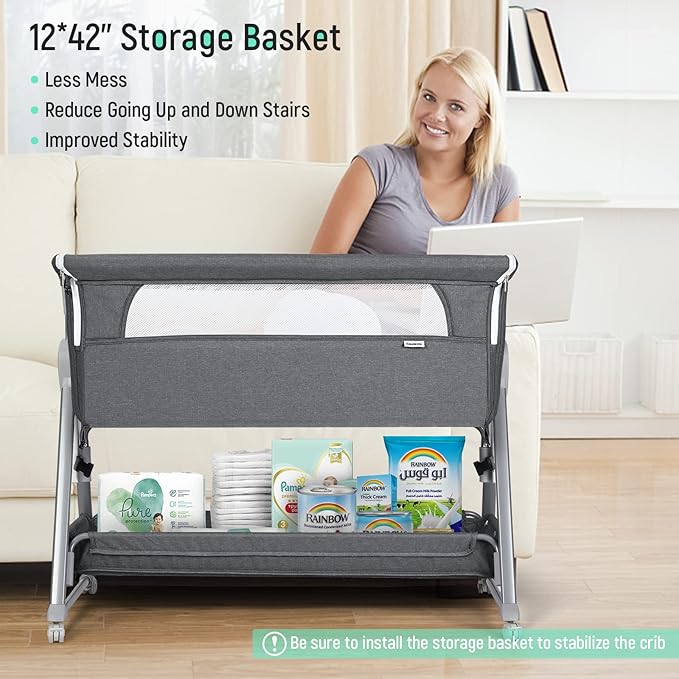 Cowiewie Bassinet Bedside Sleeper, Baby Bassinet with 7 Adjustable Height, Bedside Bassinet for Baby with Storage, Breathable Mesh & Mattress, Portable Bassinet Easy Folding (Pyramid Dark Gray)