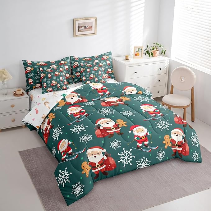 Erosebridal 7Pcs Cartoon Santa Claus Comforter Set Queen Size,Xmas Gingerbread Bedding Set,Christmas Snowboard Snowflake Bed in A Bag,Cute Christmas Ornaments Quilt with Flat Fitted Sheet