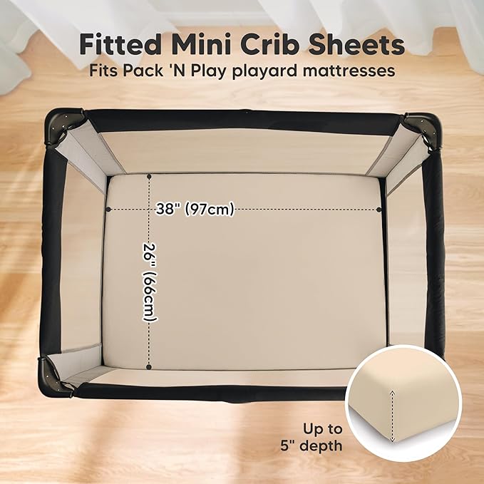 2-Pack Pack and Play Sheets, Waterproof Mini Crib Sheets Fitted - Organic Cotton Pack N Play Sheets for Graco Pack and Play Mattress, Playard Baby Crib Sheets, Neutral for Boy,Girl Toddler (Macadamia)