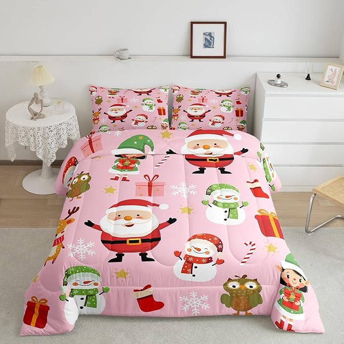 Erosebridal Merry Christmas Bedding Set for Kids Santa Claus Quilts Cute Cartoon Snowman Comforter Set Toddler Size 1 Pillow Case Xmas Snowflake Duvet Insert,Pink