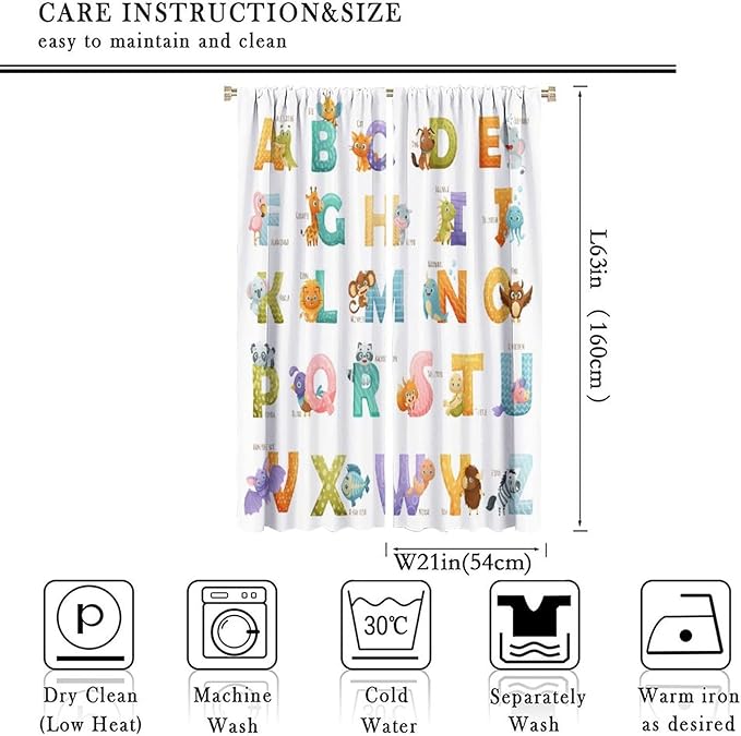 Kids Alphabet Curtains Educational Baby Cartoon Animals Colorful Cute Curtain with Rod Pocket for Nursery Living Room Home Decor Drapes Window Treatments 2 Panels Set 42x63in