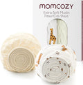 Momcozy Muslin Mini Crib Sheets Fitted - 38''x26'' Pack and Play Sheets for Pack N Play Mattress, 2 Pack Soft & Breathable Natural Cotton Non Slip Bed Cover for Boys, Girls, Bravery Giraffe